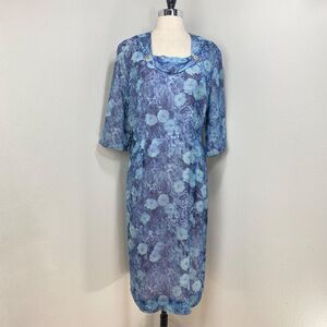 Vintage 50/60 Mendel Blue Floral Silk Chiffon Dress Large Midi 3/4 Sleeves Lined